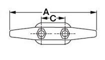 Drawing of cleat, top-view, showing measurements of "A" longest dimension and "C" the drill hole spacing